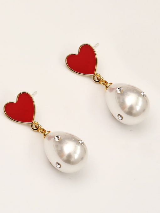 14k Gold Red Love Brass Imitation Pearl Enamel Heart Minimalist Drop Trend Korean Fashion Earring