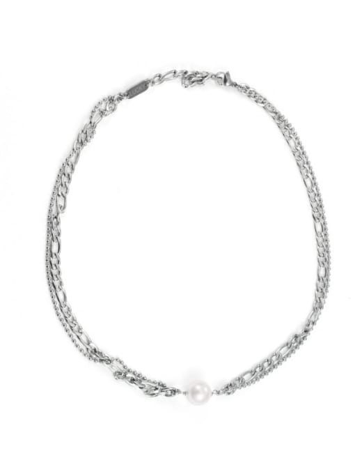 Double layer Necklace Titanium Steel Imitation Pearl Geometric Minimalist Multi Strand Necklace