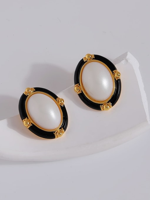 HYACINTH Brass Imitation Pearl Enamel Oval Trend Stud Earring 1