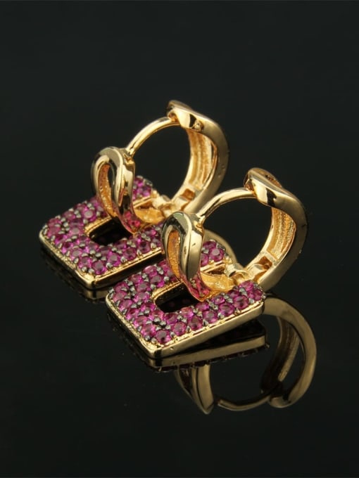 Gold Plated Red zircon Brass Cubic Zirconia Square Luxury Huggie Earring