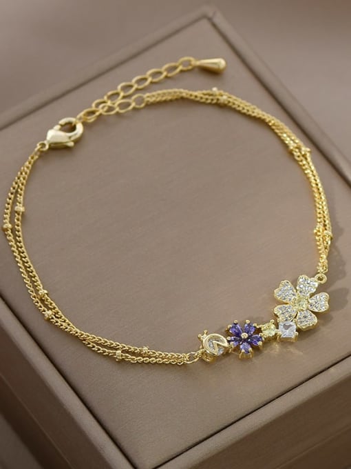 Gold SL61154 Brass Cubic Zirconia Flower Dainty Strand Bracelet