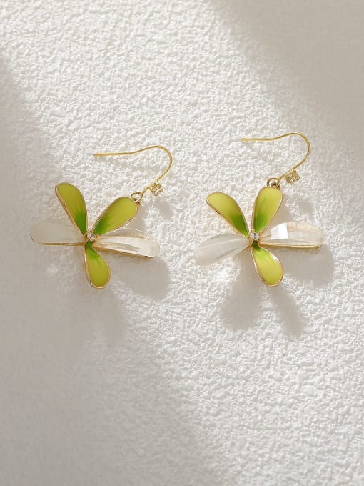 Gradient green Brass Enamel Flower Minimalist Hook Earring
