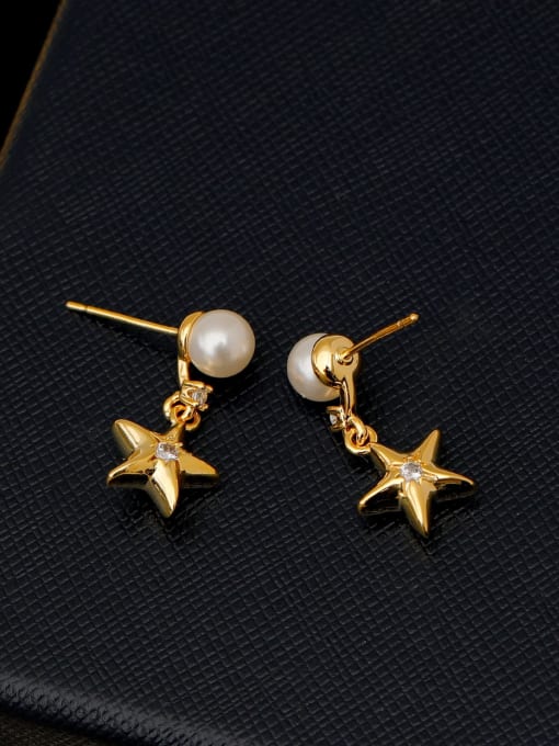 16K gold 6mm beads Brass Imitation Pearl Star Minimalist Drop Earring