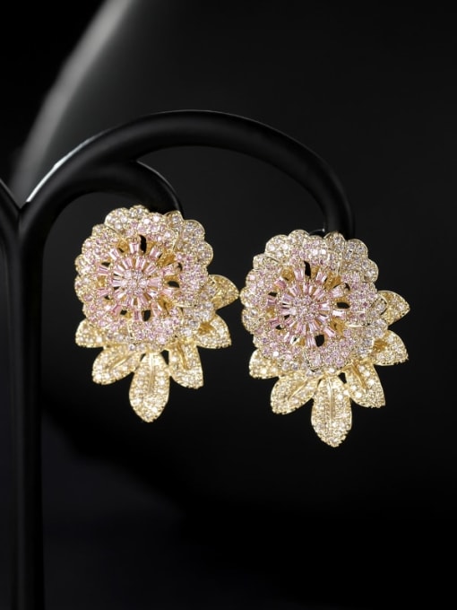 Gold E923 Brass Cubic Zirconia Flower Luxury Stud Earring