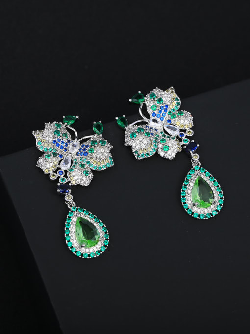 OUOU Brass Cubic Zirconia Green Flower Luxury Stud Earring 2