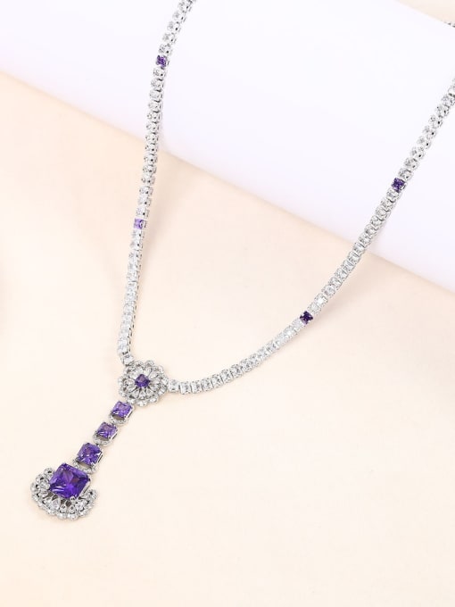 Purple necklace Brass Cubic Zirconia  Luxury Geometric Earring and Necklace Set