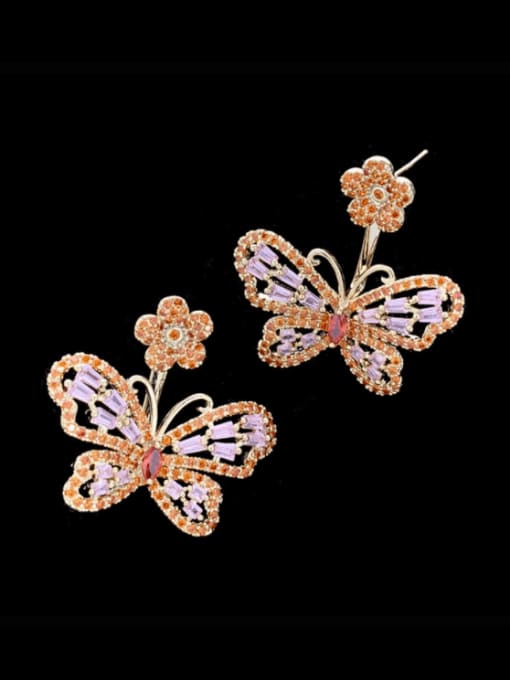 orange Brass Cubic Zirconia Hollow  Butterfly Luxury Stud Earring