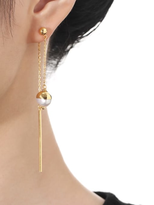 TINGS Brass Freshwater Pearl Tassel Minimalist Threader Earring 1