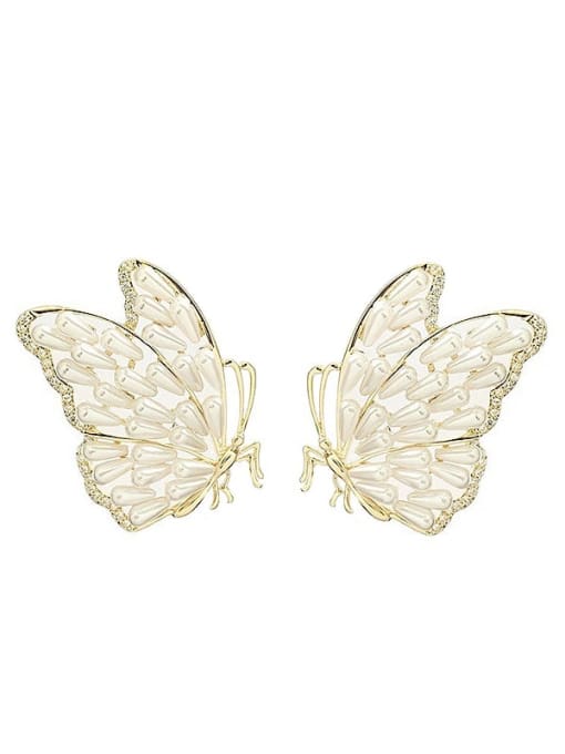 golden Brass Imitation Pearl Butterfly Statement Stud Earring