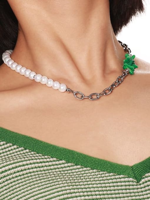 TINGS Titanium Steel Freshwater Pearl Enamel Irregular   Vintage Asymmetrical Chain Necklace 1
