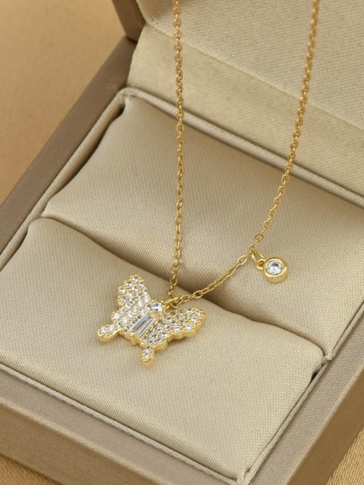 Gold XL62013 Brass Cubic Zirconia Butterfly Dainty Necklace