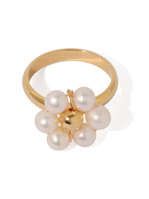 ACCA Brass Imitation Pearl Flower Minimalist Band Ring 0
