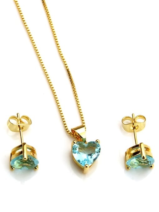 Gold Plated Blue Zircon Brass Heart Cubic Zirconia Earring and Necklace Set