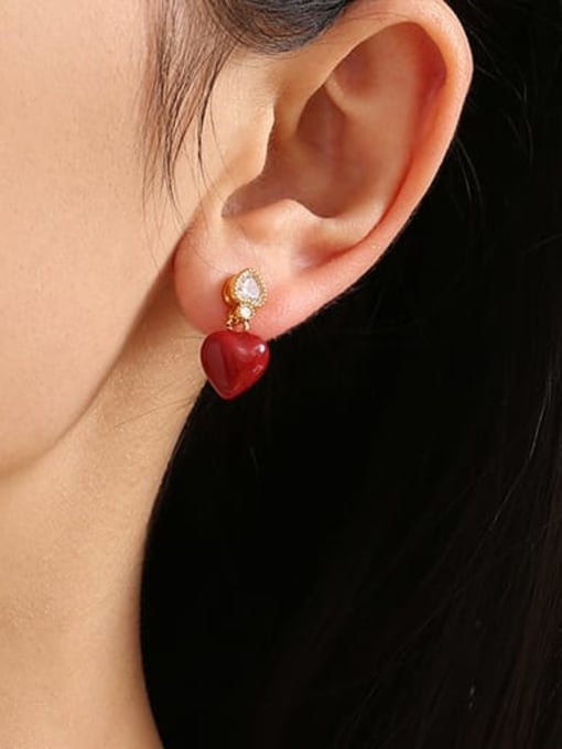 Five Color Brass Cubic Zirconia Enamel Heart Minimalist Drop Earring 1