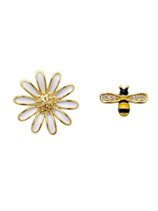HYACINTH Copper Rhinestone Enamel Cute chrysanthemum Bee asymmetric Stud Trend Korean Fashion Earring 0