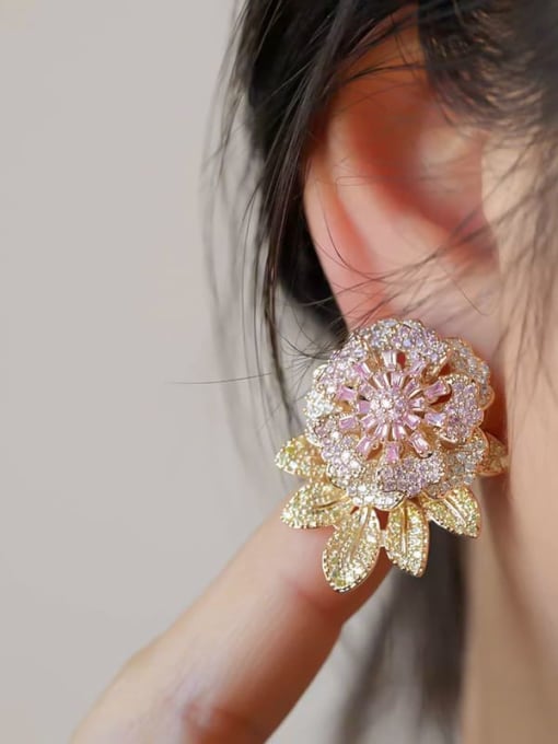 YOUH Brass Cubic Zirconia Flower Luxury Stud Earring 1