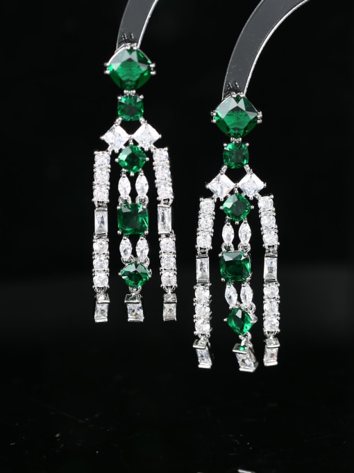 green Brass Cubic Zirconia Geometric Tassel Luxury Cluster Earring