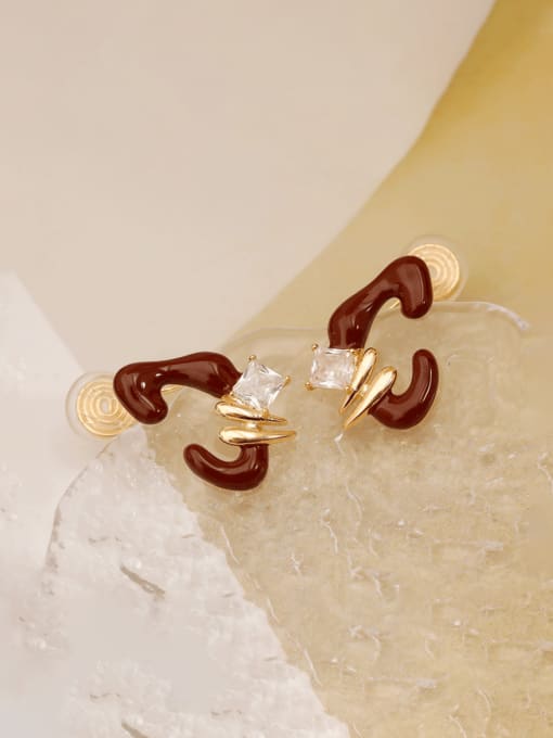 14K Gold Wine Red Brass Enamel Geometric Minimalist Stud Clip Earring