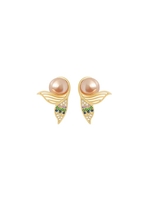 YOUH Brass Imitation Pearl Leaf Dainty Stud Earring 0