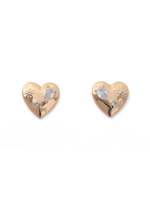 golden Brass Rhinestone White Heart Minimalist Stud Earring