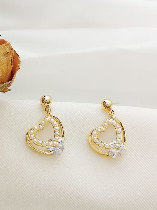 14K gold Copper Imitation Pearl Heart Dainty Stud Trend Korean Fashion Earring