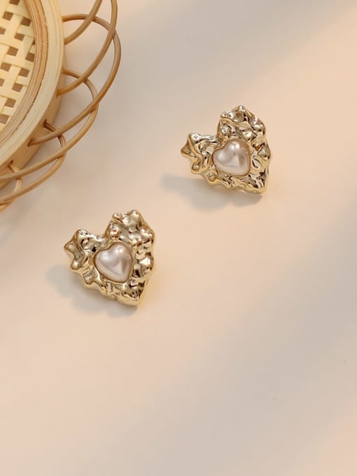 14K  gold Copper Imitation Pearl Heart Vintage Stud Trend Korean Fashion Earring