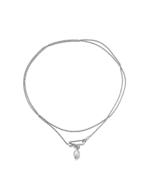 Platinum Brass Imitation Pearl Tassel Minimalist Lariat Necklace