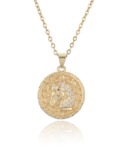Gold coin Brass Cubic Zirconia Vintage  Moon Unicorn Pendant Necklace