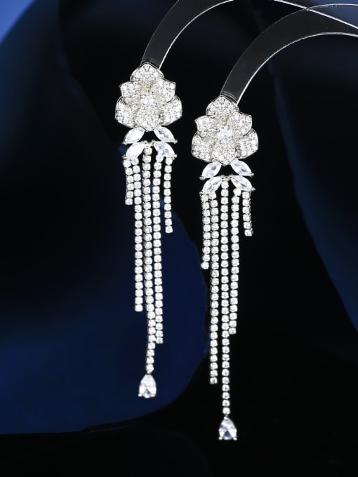 white Brass Cubic Zirconia Flower Tassel Luxury Cluster Earring