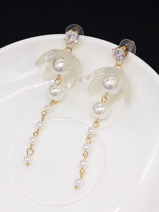 Beige Copper Imitation Pearl Acrylic Tassel Cute Threader Trend Korean Fashion Earring