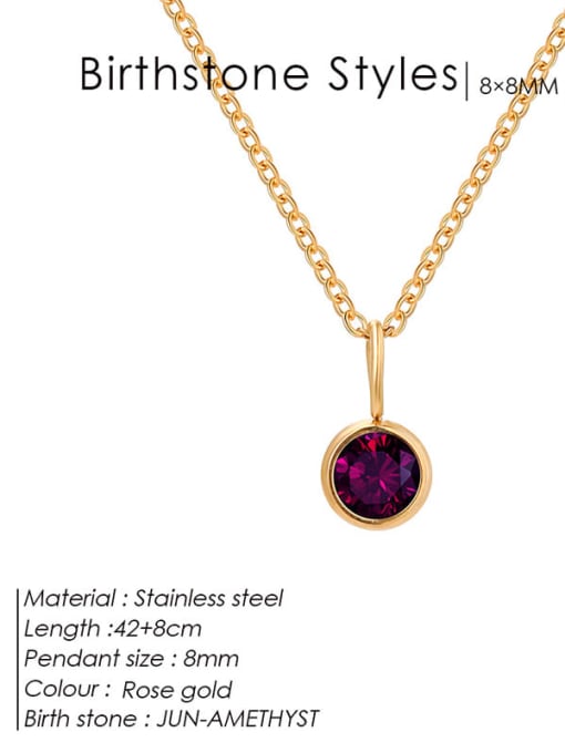 June Purple Rose Gold Stainless steel Cubic Zirconia Round Minimalist Necklace
