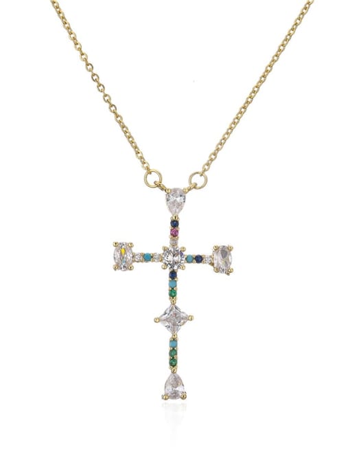 21112 Brass Cubic Zirconia Cross Vintage Regligious Necklace