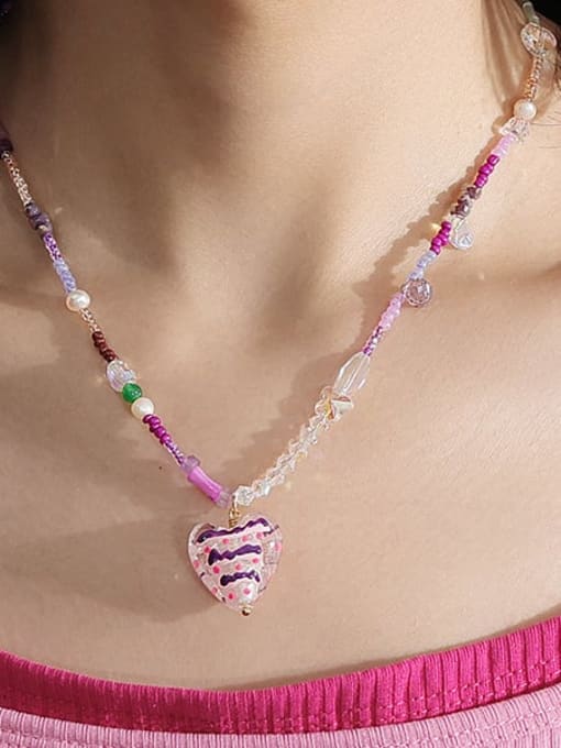 Five Color Brass Natural Stone Heart Bohemia Glass Beads Necklace 1