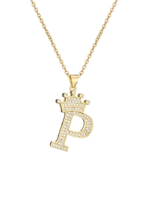 P Brass Cubic Zirconia Crown Vintage Letter Pendant Necklace