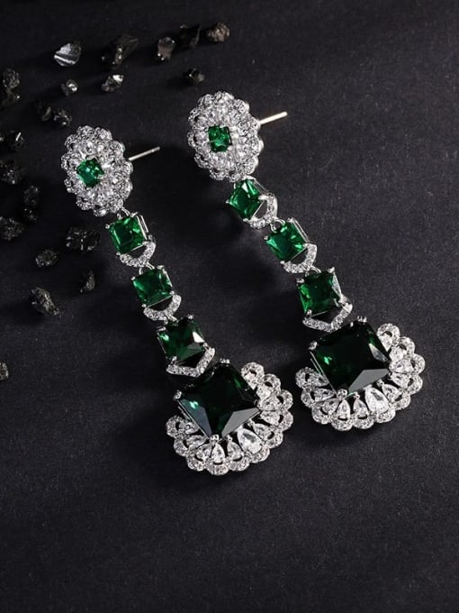 Green earrings Brass Cubic Zirconia  Luxury Geometric Earring and Necklace Set