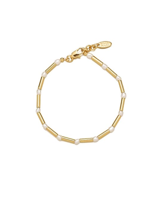 Gold Brass Freshwater Pearl Geometric Minimalist Link Bracelet