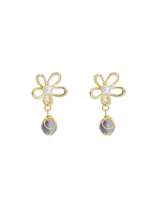 14K  gold grey crystal beads Copper Imitation Pearl Flower Minimalist Drop Trend Korean Fashion Earring