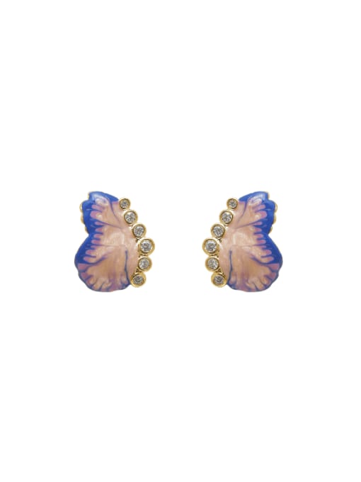 16k gold+blue Brass Enamel Butterfly Cute Stud Earring