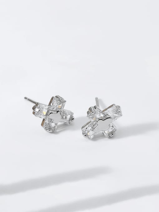 ED67092 Brass Glass Stone Cross Minimalist Stud Earring