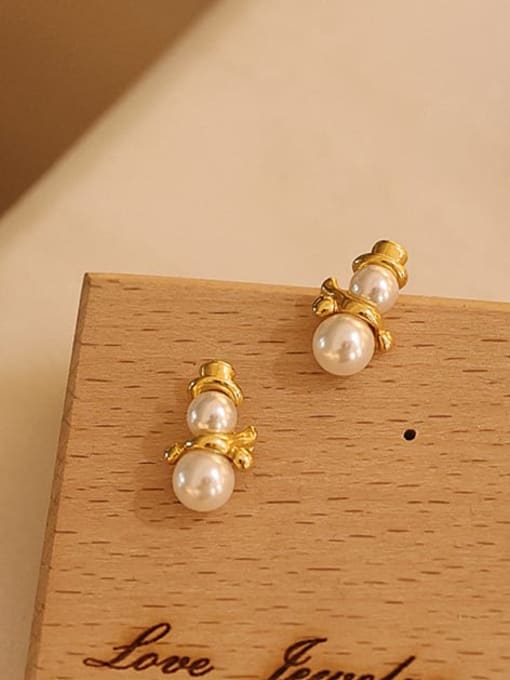 Five Color Brass Imitation Pearl Irregular Cute  Snowman Stud Earring 3