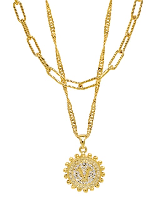 16K gold letter V Brass Cubic Zirconia Letter Minimalist Multi Strand Necklace