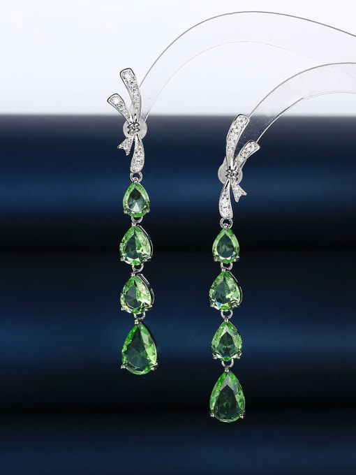 green Brass Cubic Zirconia Green Tassel Luxury Drop Earring