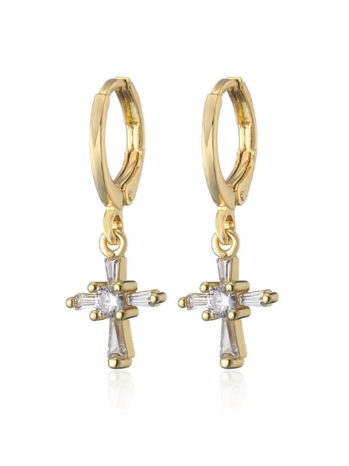40789 Brass Cubic Zirconia Cross Vintage Huggie Earring