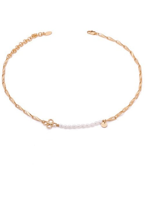 golden Brass Freshwater Pearl Geometric Vintage Hollow Chain Necklace