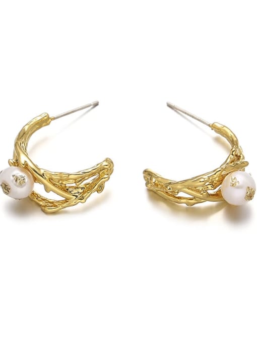 golden Brass Freshwater Pearl Geometric Vintage Stud Earring