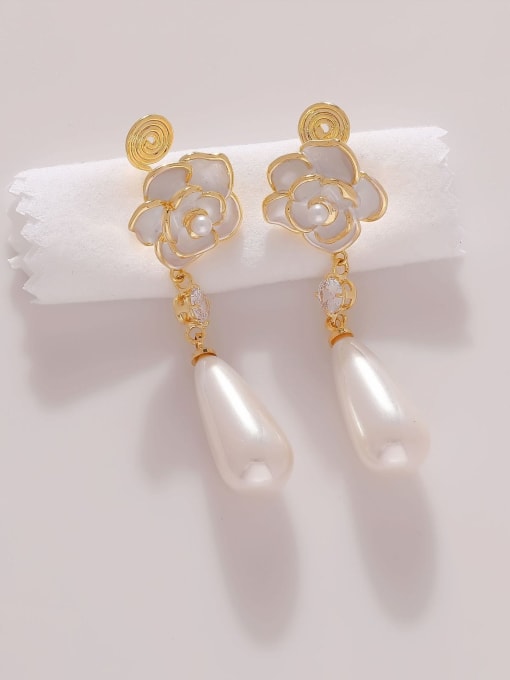 14K gold Brass Imitation Pearl Enamel Flower Minimalist Drop Earring