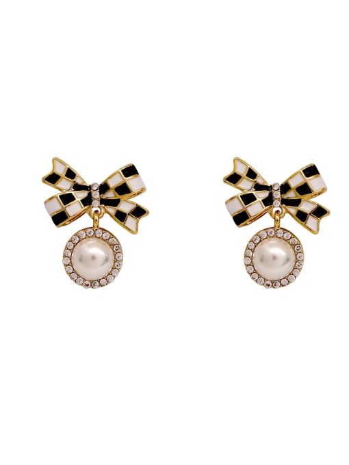 HYACINTH Brass Imitation Pearl Enamel Bowknot Vintage Stud Earring