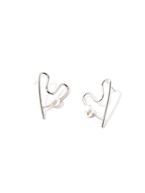Platinum (small) Brass Imitation Pearl Hollow Heart Vintage Stud Earring