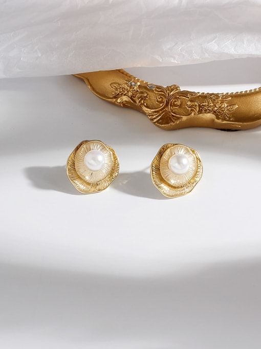 14K real gold Copper Imitation Pearl Flower Ethnic Stud Trend Korean Fashion Earring