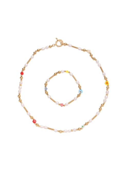 Five Color Brass Freshwater Pearl  Vintage Irregular  Bracelet and Necklace Set 0